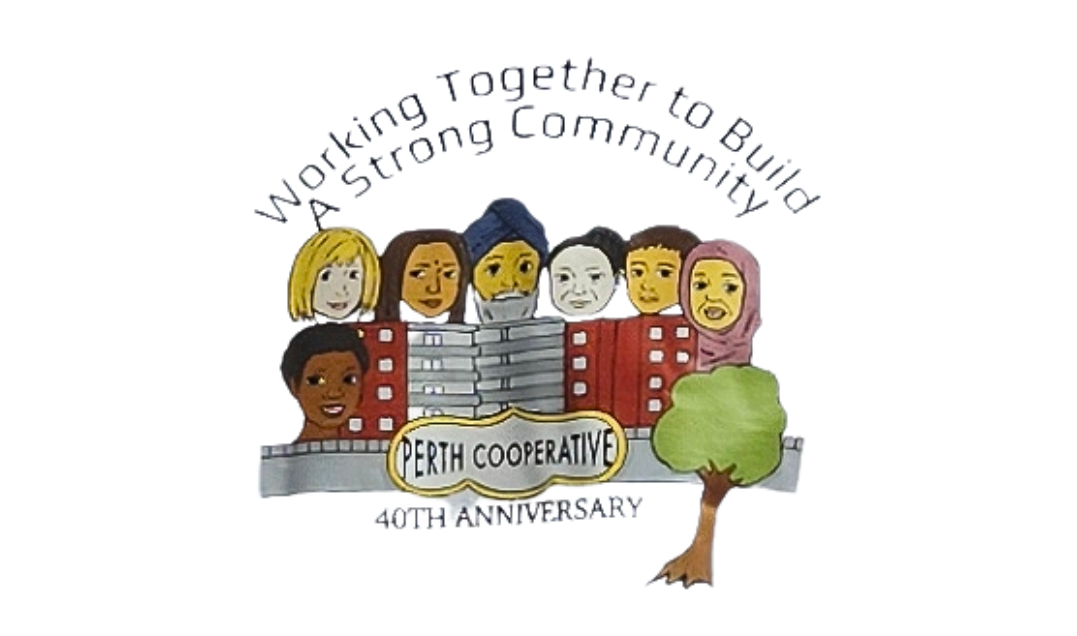 Special 40th Anniversary logo for Perth Cooperative Inc. The words on the logo is "working together to build a strong community." The image has a tree, the Perth building and a heads of people are on top of the building. The heads represent all the members who can potentially be found living at Perth, symbolizes that it's a diverse and all inclusive community.